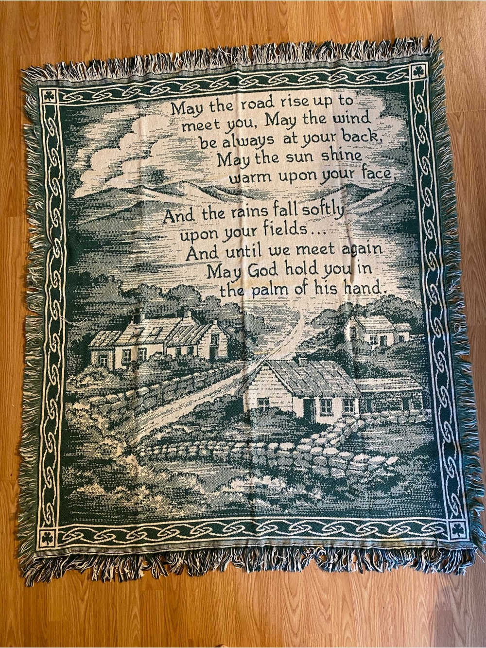 Vintage Woven Irish Blessing Tapestry Throw Blanket Country Cottage Fringes